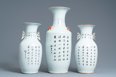Three Chinese famille rose and qianjiang cai vases, 19/20th C.