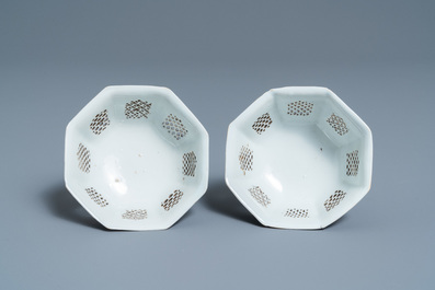 A pair of Chinese blue and white reticulated octagonal bowls, Kangxi
