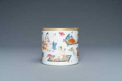A Chinese famille rose 'erotical subject' brush pot, 1st half 19th C.