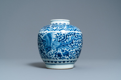 A Chinese blue and white 'phoenixes' jar, figurative hare mark, Transitional period