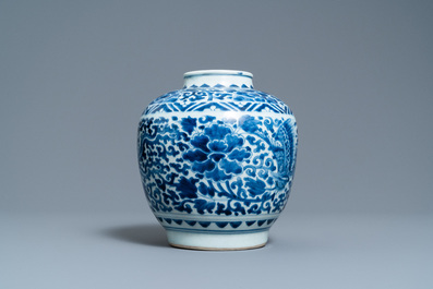 A Chinese blue and white 'phoenixes' jar, figurative hare mark, Transitional period