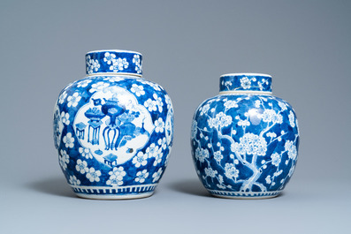 Four Chinese blue and white 'antiquities' jars and covers, 19th C.