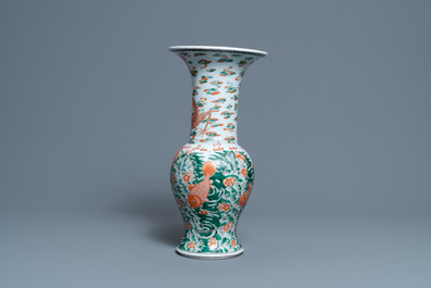 A Chinese famille verte 'yenyen' vase with a dragon and carps, Kangxi mark, 19th C.