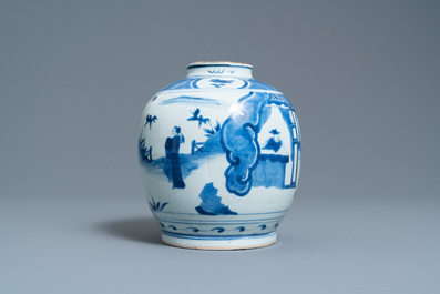 A Chinese blue and white jar with figures in a landscape, hare mark, Wanli