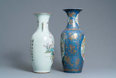 A Chinese famille verte powder blue-ground vase and a famille rose vase, 19th C.