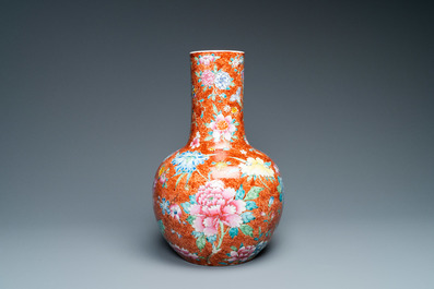 A Chinese famille rose millefleurs bottle vase, Qianlong mark, Republic