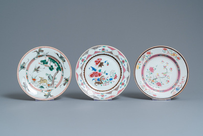Six Chinese famille rose, verte and Imari-style plates, Kangxi/Qianlong