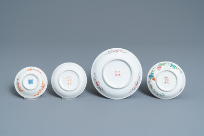 Four Chinese famille rose and iron-red plates, Guangxu and Qianlong marks, 19/20th C.