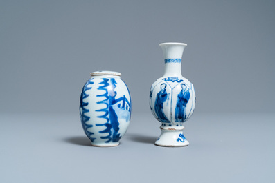 A Chinese blue and white tea caddy and a bottle vase, Kangxi