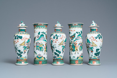 A Chinese famille verte five-piece garniture, Kangxi mark, 19th C.
