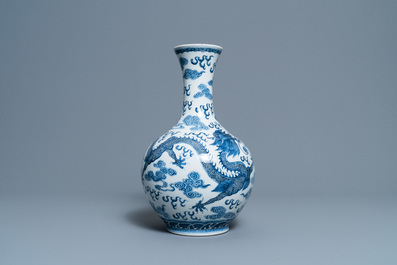 A Chinese blue and white 'dragon and phoenix' vase, Qianlong mark, 19/20th C.