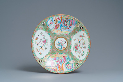 A Chinese famille rose 'immortals' vase, a Canton dish and a bowl, 19th C.
