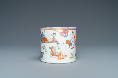 A Chinese famille rose 'erotical subject' brush pot, 1st half 19th C.