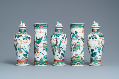 A Chinese famille verte five-piece garniture, Kangxi mark, 19th C.