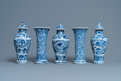 A Chinese blue and white five-piece garniture with floral design, Kangxi