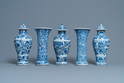 A Chinese blue and white five-piece garniture with floral design, Kangxi