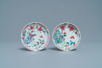 A Chinese famille rose covered bowl, a cup and two saucers with landscape design, Yongzheng
