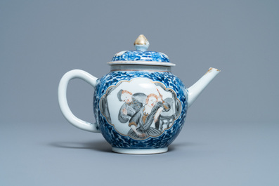 A Chinese blue, white and grisaille teapot and cover, 19th C.