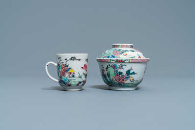A Chinese famille rose covered bowl, a cup and two saucers with landscape design, Yongzheng