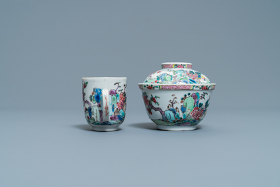A Chinese famille rose covered bowl, a cup and two saucers with landscape design, Yongzheng