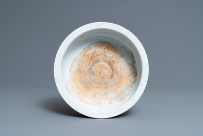 A Chinese blue and white tripod censer with figures in a mountainous landscape, Kangxi