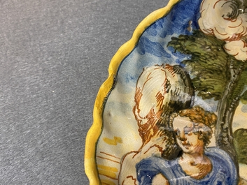 A polychrome Italian maiolica 'Venus and Satyre' crespina, Urbino, 16th C.