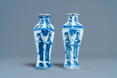 A pair of Chinese blue and white vases, a 'lotus' dish and four cups, Kangxi