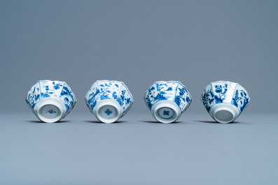 A pair of Chinese blue and white vases, a 'lotus' dish and four cups, Kangxi