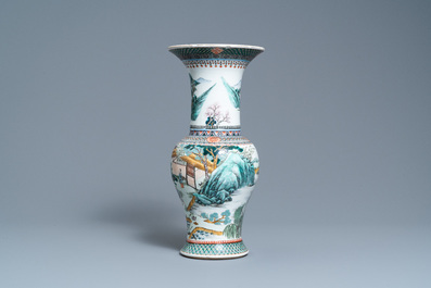 A Chinese famille verte 'yenyen' 'rice production' vase and a large blue and white 'peacock' dish, 19th C.