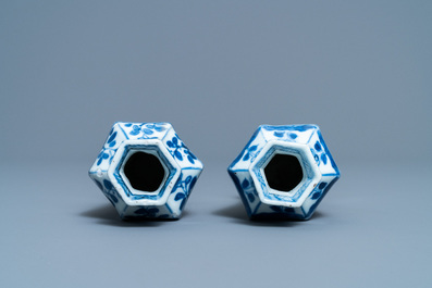 A pair of Chinese blue and white vases, a 'lotus' dish and four cups, Kangxi