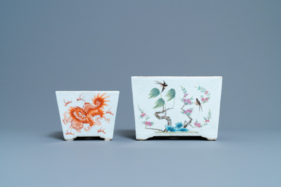 Two Chinese famille rose and iron-red jardini&egrave;res with Buddhist lions and birds among blossoms, 19th C.