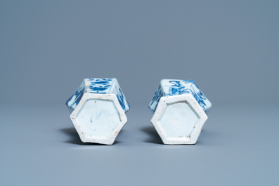 A pair of Chinese blue and white vases, a 'lotus' dish and four cups, Kangxi