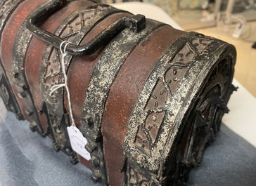 A partly red painted cast iron casket, France, 15th C.