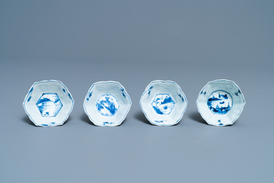 A pair of Chinese blue and white vases, a 'lotus' dish and four cups, Kangxi