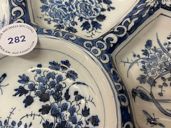 A lobed Dutch Delft blue and white spice dish with birds, late 17th C.
