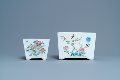 Two Chinese famille rose and iron-red jardini&egrave;res with Buddhist lions and birds among blossoms, 19th C.