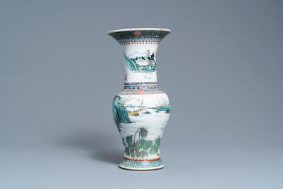 A Chinese famille verte 'yenyen' 'rice production' vase and a large blue and white 'peacock' dish, 19th C.