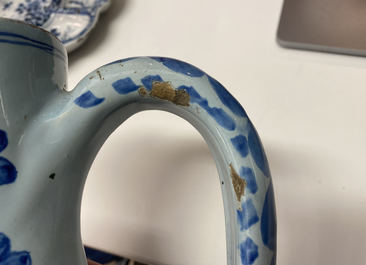 A large Dutch Delft blue and white chinoiserie ewer, 17th C.