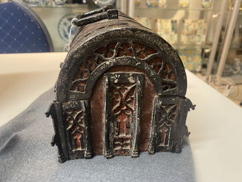 A partly red painted cast iron casket, France, 15th C.
