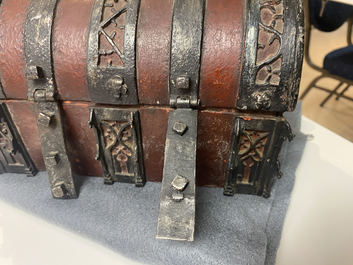 A partly red painted cast iron casket, France, 15th C.