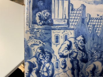 An unusual Dutch Delft blue and white plaque with a village scene, 2nd half 17th C.
