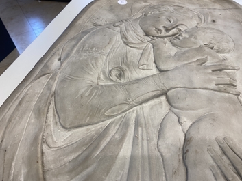 Italian school, 19th C., after Desiderio da Settignano (1430-1464): a marble bas-relief with a Virgin with Child