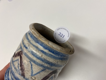 A small blue, white and manganese maiolica albarello, Antwerp or Northern Netherlands, 16/17th C.