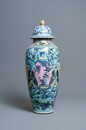A very large Chinese famille rose turquoise-ground vase and cover, 19th C.