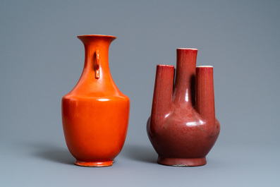 A Chinese monochrome coral red vase and a five-spouted sang de boeuf-glazed vase, 19/20th C.