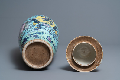 A very large Chinese famille rose turquoise-ground vase and cover, 19th C.