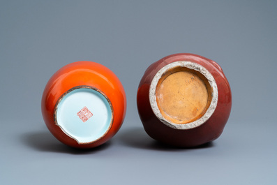 A Chinese monochrome coral red vase and a five-spouted sang de boeuf-glazed vase, 19/20th C.