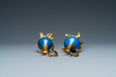 Two Chinese monochrome blue vases mounted as ewers with gilt bronze, Kangxi and 19th C.