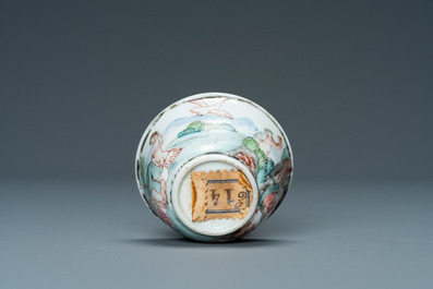 A rare Chinese famille rose miniature 'Leda and the swan' cup and saucer, Yongzheng/Qianlong