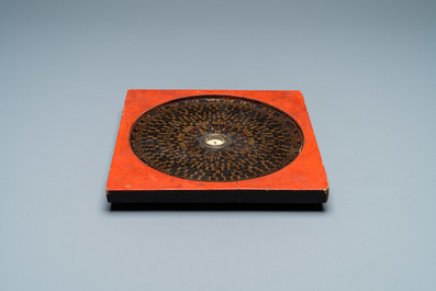 A Chinese lacquered and painted wooden 'Feng Shui' compass, various marks, 19th C.
